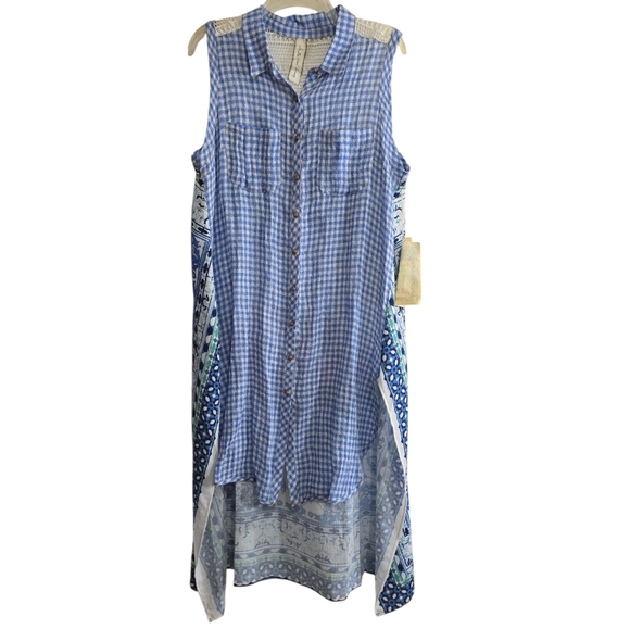 NWT Aratta Silent Journey Isola Bella Linen Cotton Gingham Tunic Duster Blue LRG - Picture 4 of 8